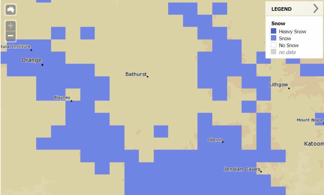 WHITEOUT: The Bureau of Meteorology's forecast snow footprint for 7am on Wednesday. Photo: METEYE