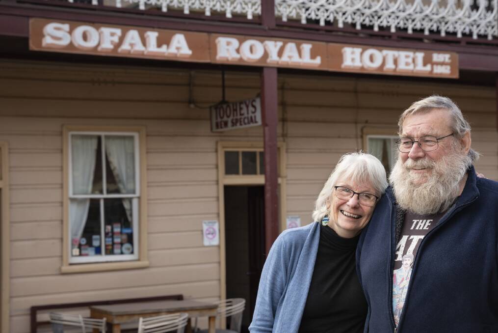 ALL SMILES: Sandy and Marty Tomkinson outside the historic Royal Hotel in Sofala, awarded a $50,000 revitalisation grant by Airbnb. Photo: DAVID ROMA