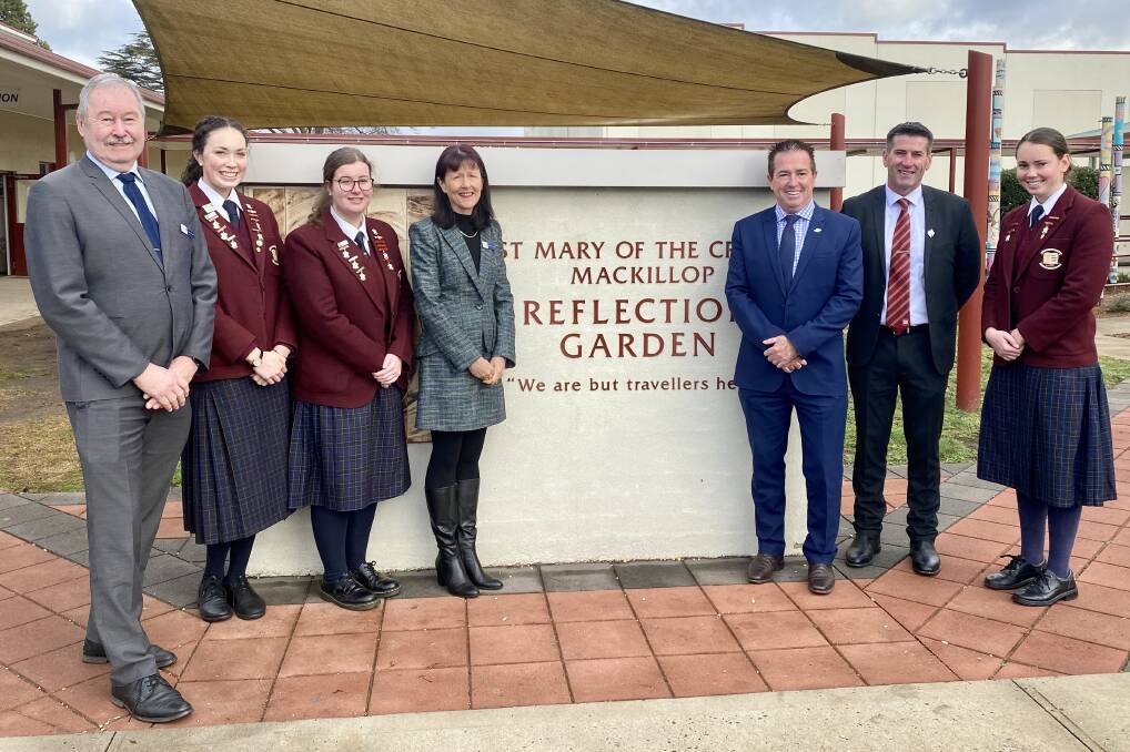 SUPPORT: Bathurst MP Paul Toole at MacKillop College with, from left, Vince Connor (Catholic diocese), Olivia Ditchfield, Kiara Cicciari, Christina Trimble (Catholic diocese), principal Steve Muller and Kalinda Robinson. Photo: SUPPLIED