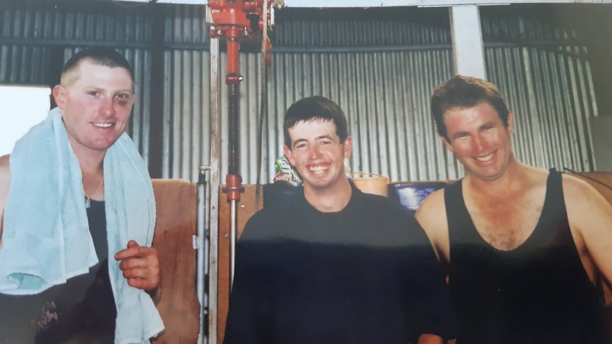 SHEAR MAGIC: This photos shows three young local shearers at a Bathurst Merino Association wether trial in the early 2000s. Pictured are Andrew Larnach, Gant Toole and Mal Healey. Photo: SUPPLIED