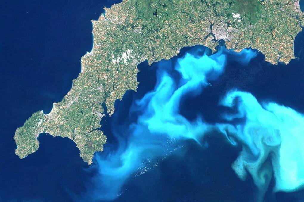 VIEW FROM ABOVE: A swirly, pale blue, oceanic algal bloom viewed from space. Photo: THE CONVERSATION 2014