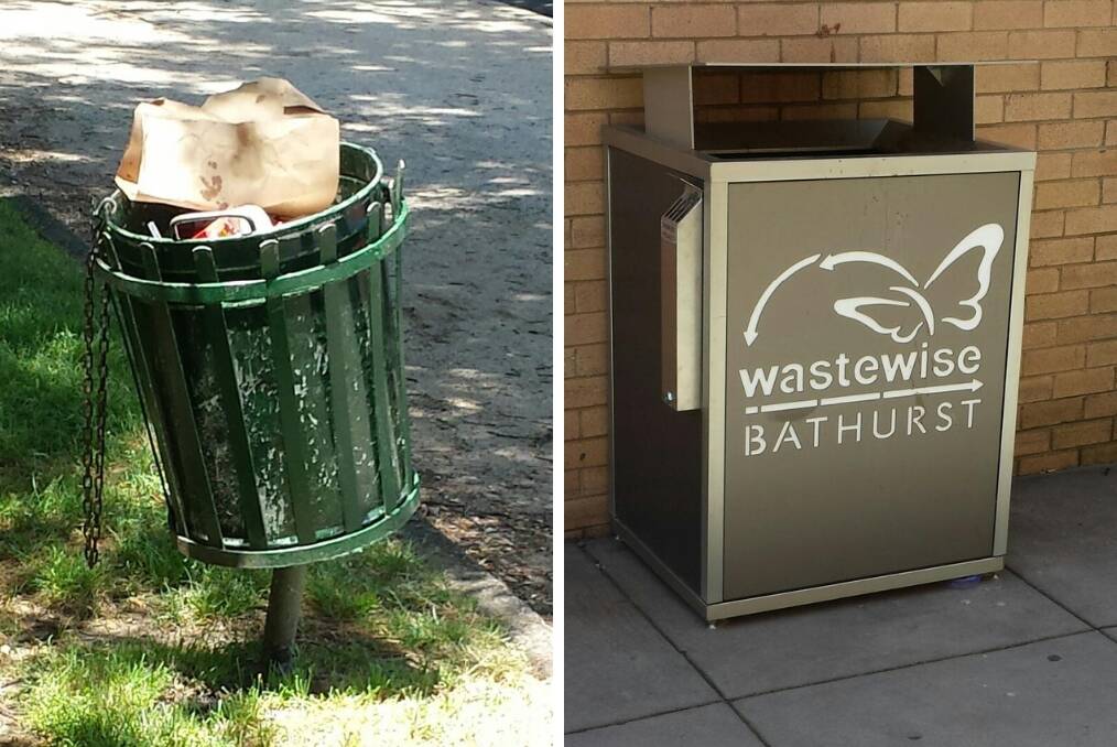 TALE OF TWO BINS: The battered and bruised 1970s bin in Machattie Park and the new, stylish version in Pedrotta's Lane.