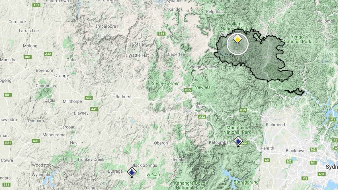 OUT OF CONTROL: A map of the region showing the location of the Wollemi National Park responsible for the smoke across Bathurst.