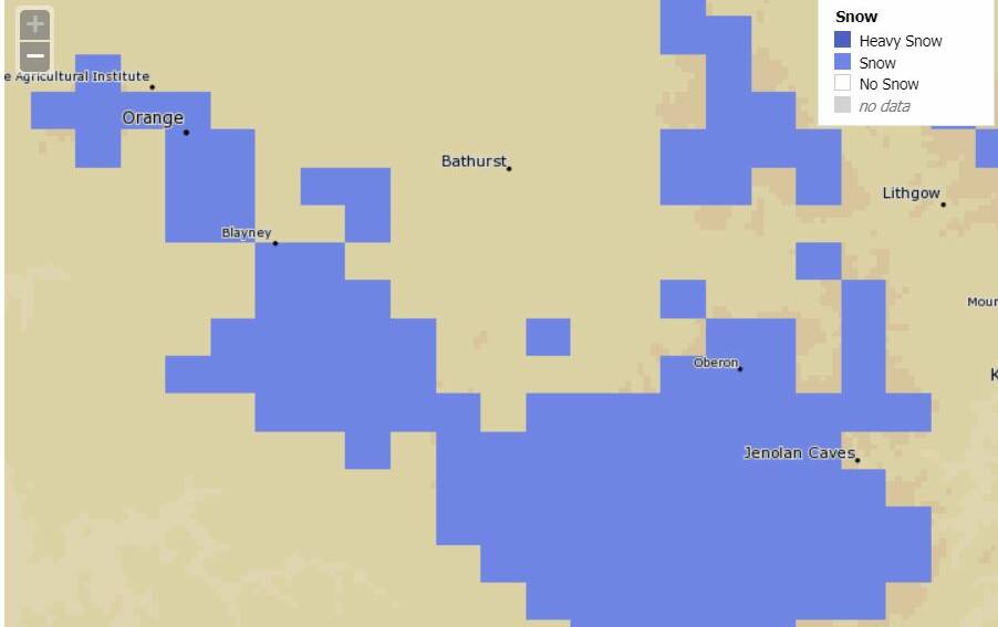 WHITEOUT: Areas to the east, west and south of Bathurst can expect snow on Friday and Saturday. Source: METEYE, Bureau of Meteorology