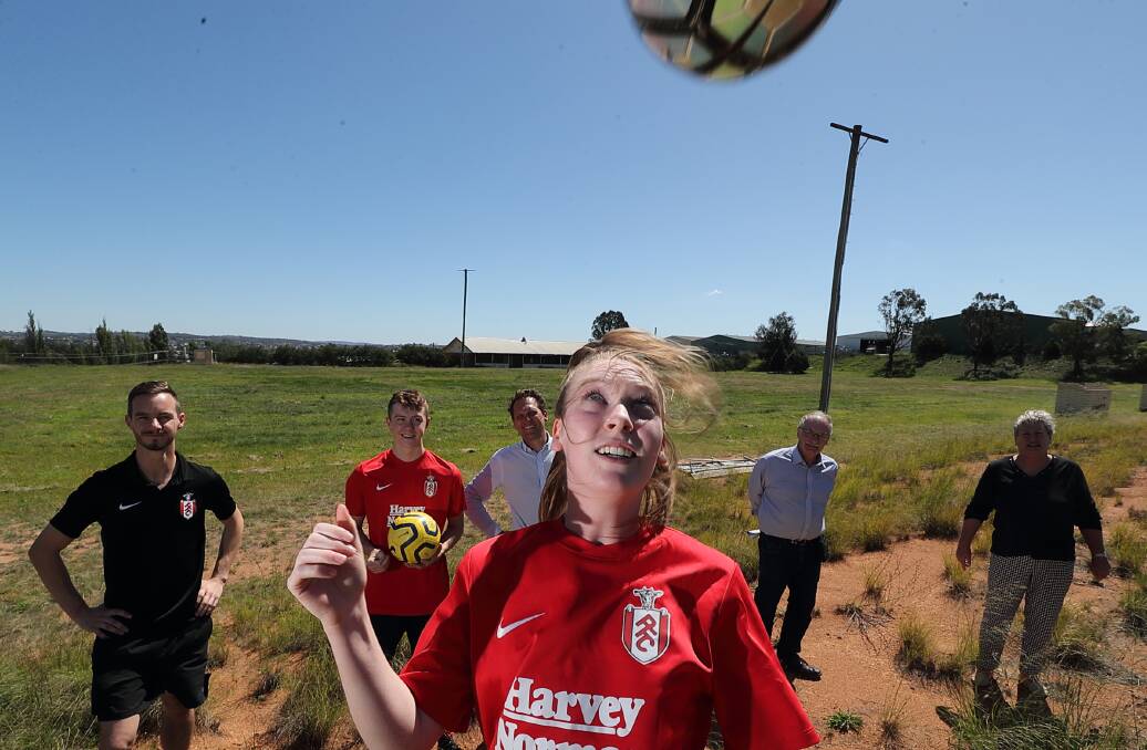 USE YOUR HEAD: Panorama Football Club's Emily Cochrane (front), Beau Yates and Bryn White with Cr Jess Jennings, White Rock Progress Association's Max Wilson and Cr Jacqui Rudge at Alec Lamberton Park. Photo: PHIL BLATCH