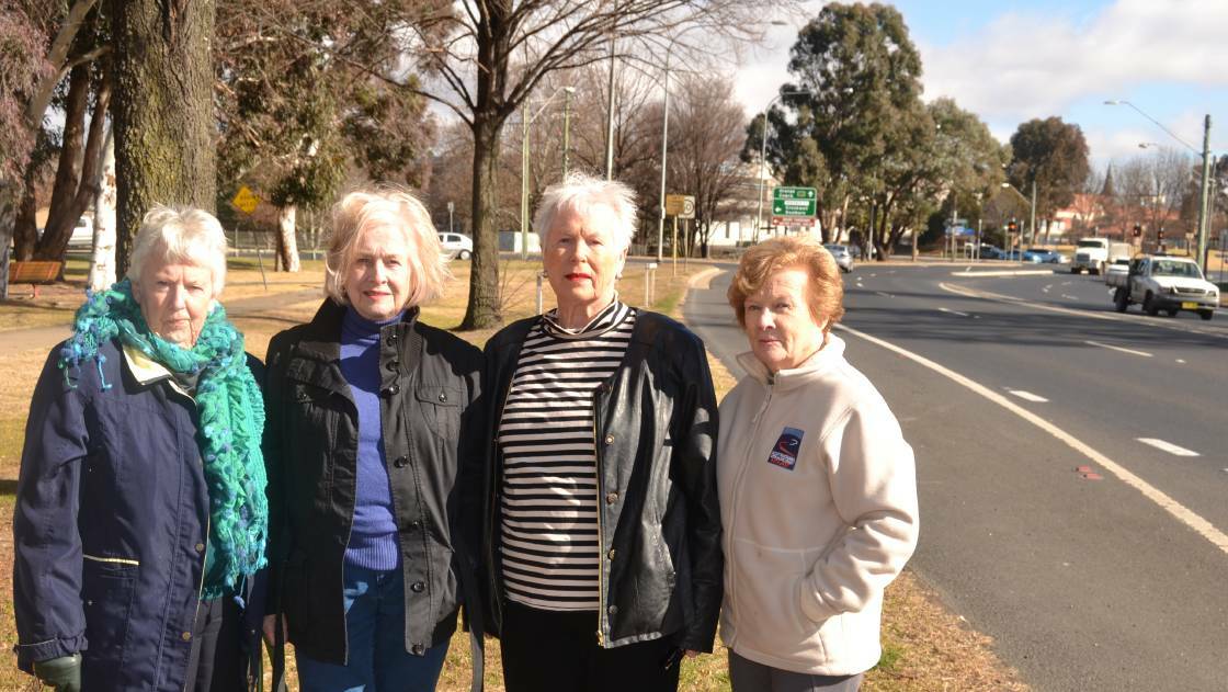 LOCATION, LOCATION: Councillor Monica Morse (second from right) pictured with Nona Fisher, Judy Upfold and Patricia Gannon lobbying last year for Australia Wide Coaches to move its pick-up and drop-off locations from the visitor centre. 072017coach