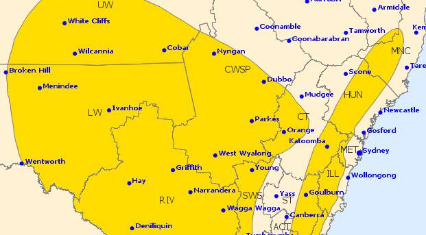LOOK OUT: The thunderstorm warning zone across much of NSW. Source: Bureau of Meteorology