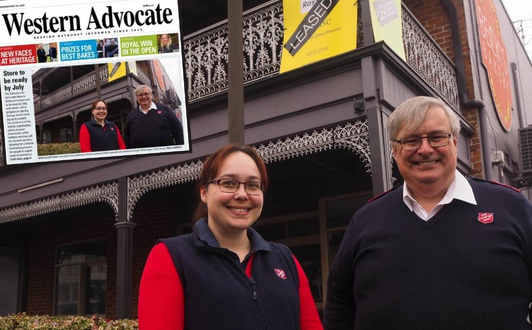 SEARCH: Salvation Army Bathurst ministry assistant Emily Spindler with Bathust/Orange officer Major Colin Young and (inset) the Western Advocate article in May.