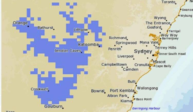 THAT'S A LOT OF BLUE: The Bureau of Meteorology's Snowsearch Australia map is predicting plenty of snow around Bathurst on Thursday.