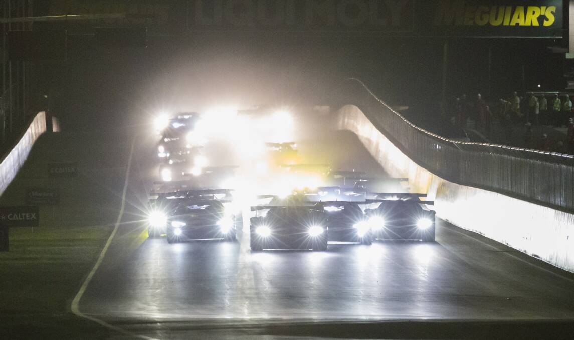 LIGHTS ON: Drivers racing under lights on Mount Panorama during the Liqui Moly Bathurst 12 Hour.