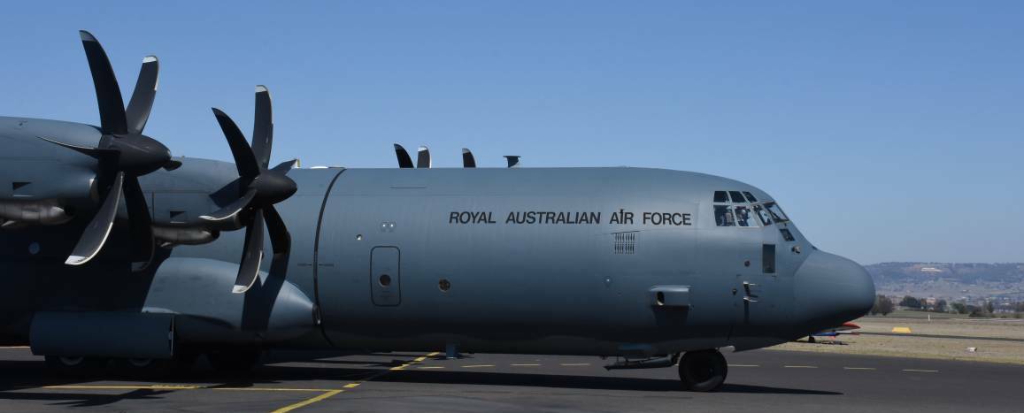 BIG BIRD: The RAAF C130J Hercules on the tarmac at Bathurst Airport in 2017.