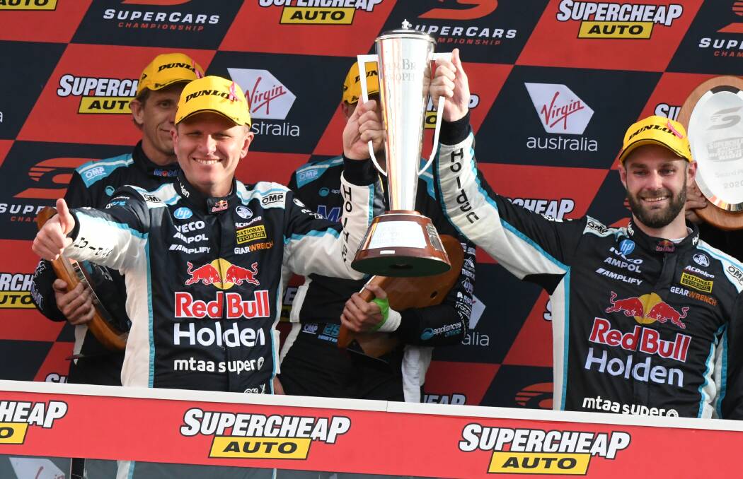 WINNERS: Garth Tander and Shane van Gisbergen with the Peter Brock Trophy after the 2020 Bathurst 1000. Photo: CHRIS SEABROOK
