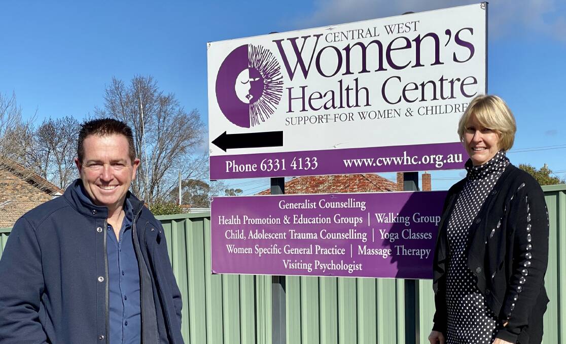 HELPING HAND: Bathurst MP Paul Toole at the Central West Womens Health Centre with its manager Karen Boyde, announcing funding of $25,000 as targeted financial relief for the organisation. Photo: SUPPLIED
