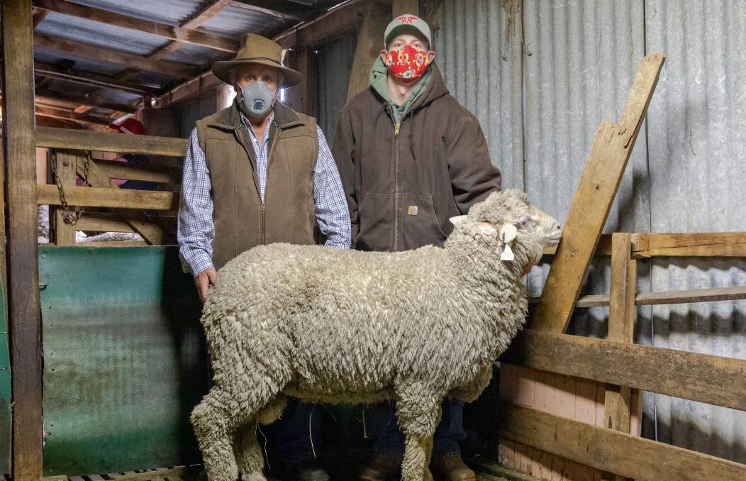 GOLDEN FLEECE: Studmaster Peter Moore and buyer Lance Bonham with the $3000 ram at Blink Bonnie. Proceeds of this ram's sale went to the NSW Cancer Council. A great donation and a credit to the Moores. 
