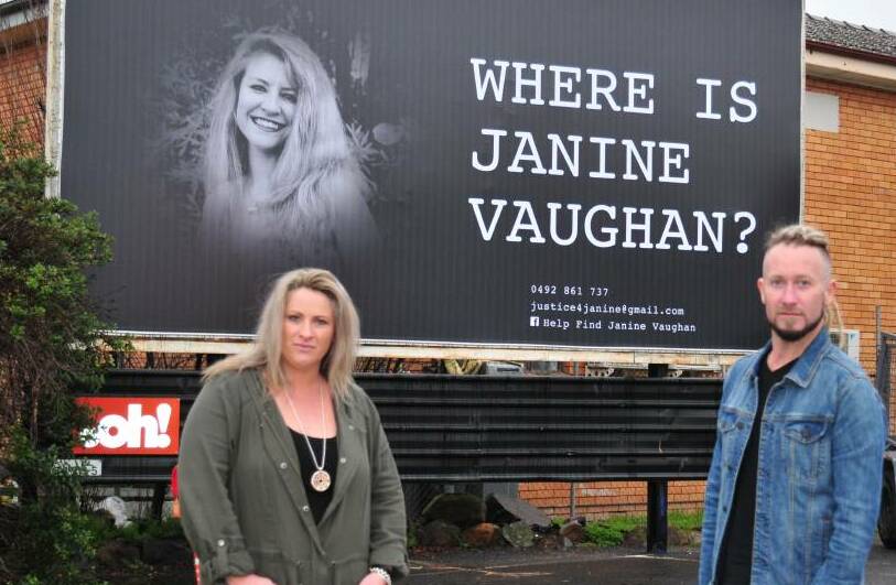 DO YOU KNOW: Janine Vaughan's sister Kylie Spelde and brother Adam Vaughan in front of a new billboard unveiled in Bathurst this week..
