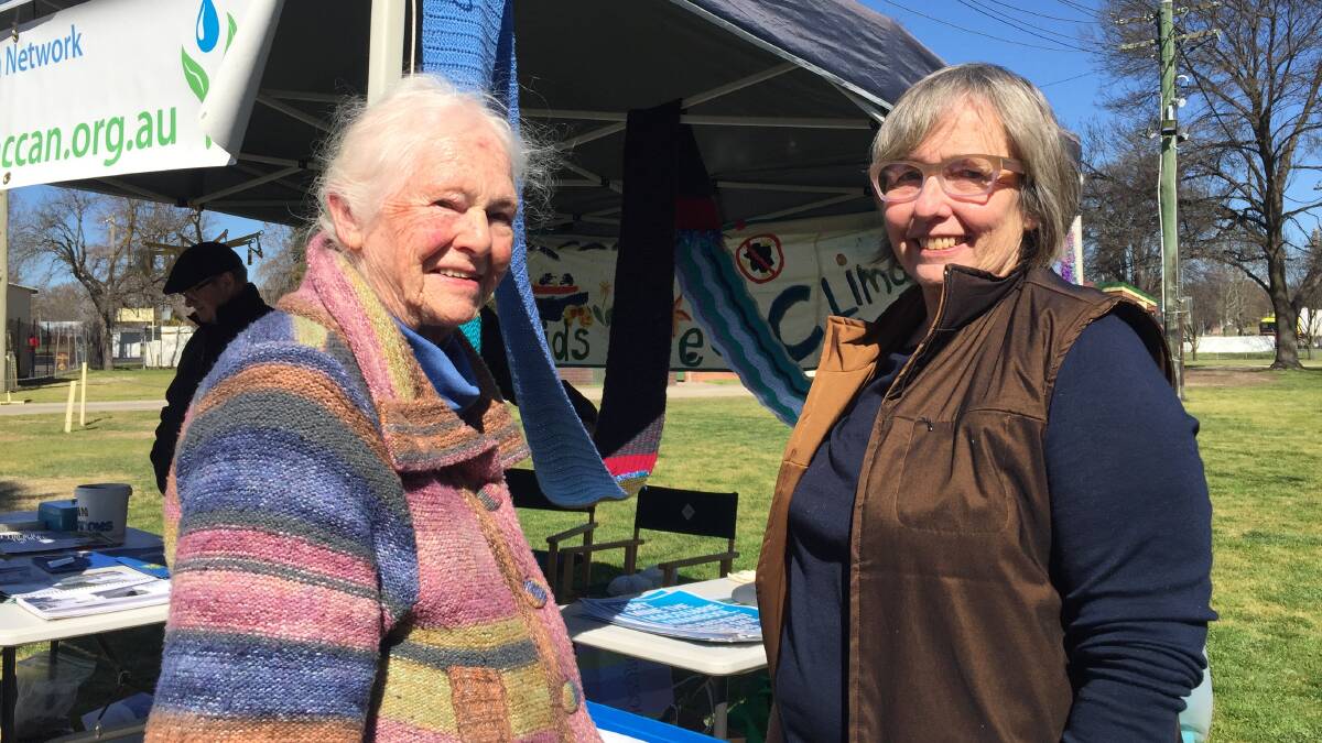 LET'S TALK: Veteran environmental campaigner Isobel Higgins (left) speaks with Friends of Centennial Park’s Vi Tourle at the BCCAN stall at the Farmers Markets.