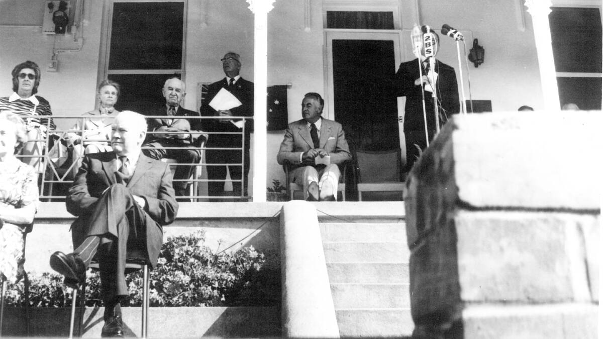 A LABOR MAN: Prime minister Gough Whitlam (far right) sitting on the verandah of the Chifley Home in Busby Street, Bathurst, in 1973. Photo: Chifley Collection 