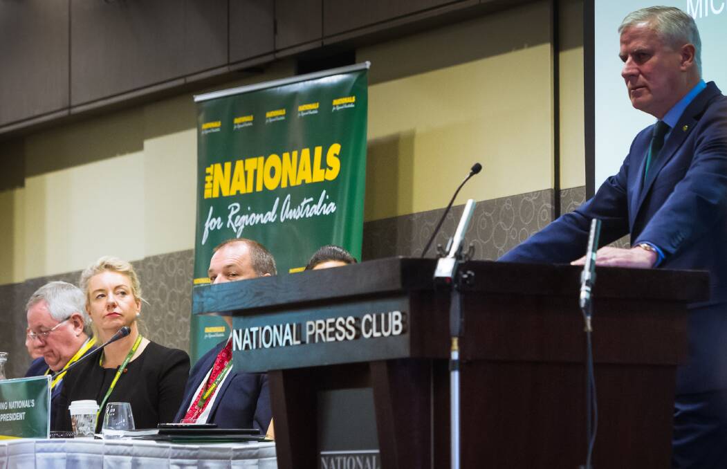 UNDER FIRE: Senator Bridget McKenzie listens to Nationals leader Michael McCormack speaking at the National Press Club.