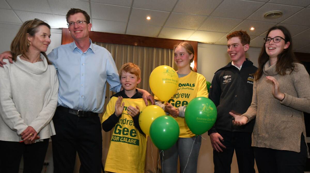 THREE MORE YEARS: Calare MP Andrew Gee celebrates with his family on election night.
