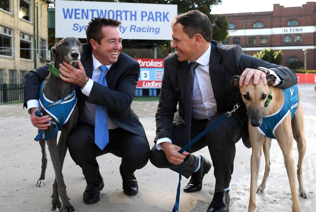 DOGS' LIFE: Racing Minister Paul Toole and Greyhound Racing chief executive Tony Mestrov at Wentworth Park on Tuesday.