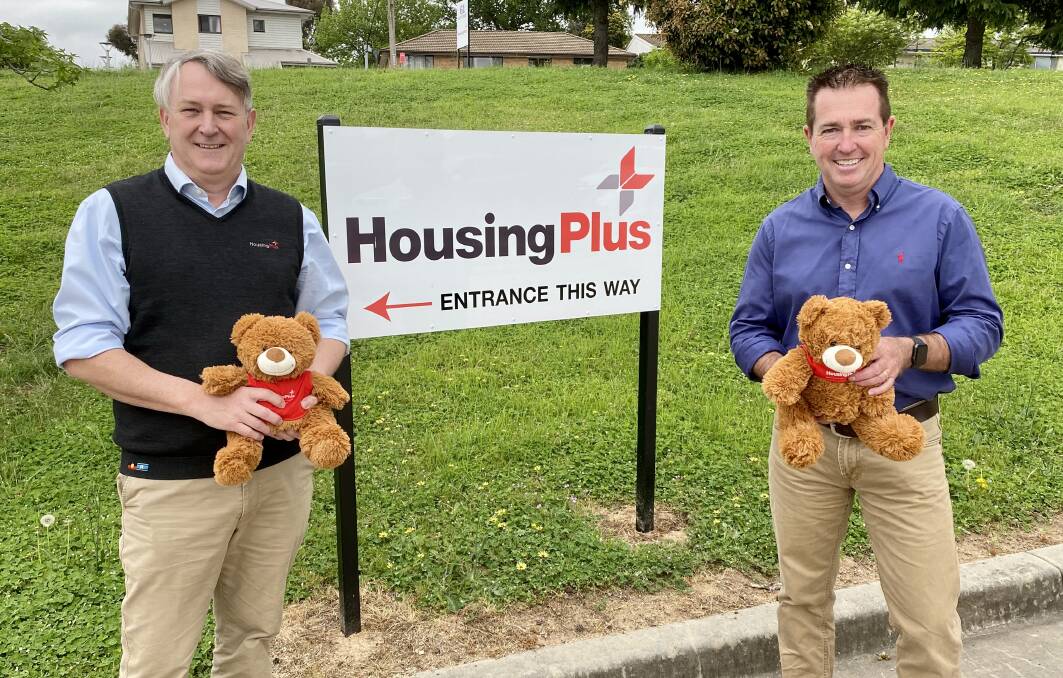HOUSING PLUS: Bathurst MP Paul Toole, right, with Housing Plus chief executive officer David Fisher, announcing funding of $200,000 to help vulnerable residents. Photo: SUPPLIED

