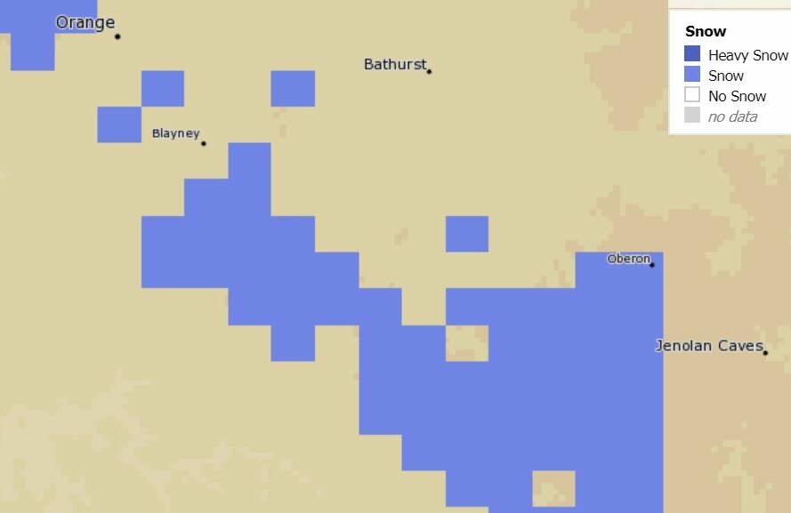 MORE FALLS: The forecast snow footprint around Bathurst at 10am on Monday. Source: METEYE