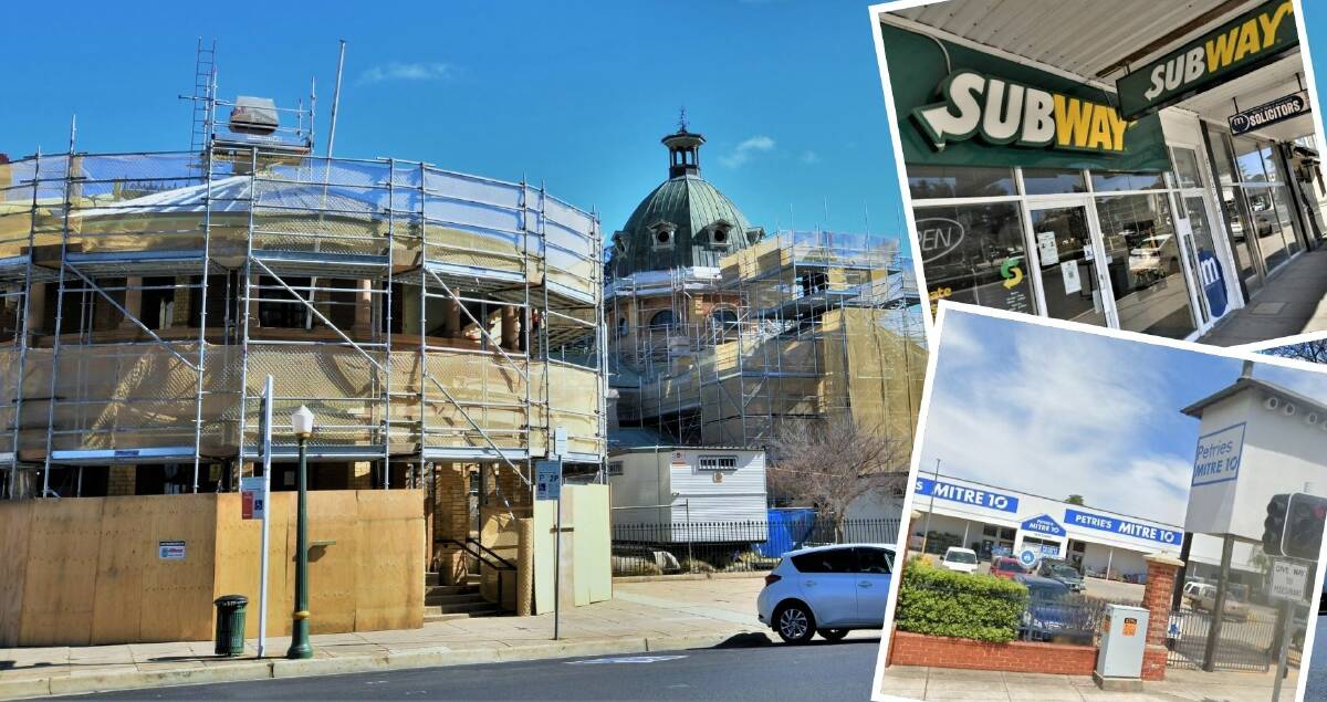 STAY SAFE: A COVID-positive contractor was working on the Bathurst Court House upgrade (main photo) while the Subway on William Street and Petrie's Mitre 10 have been listed as sites of concern.