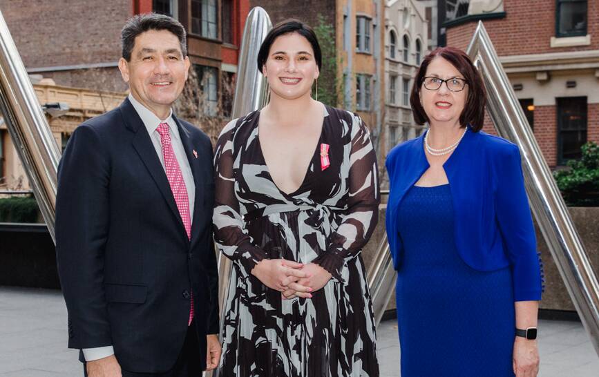 TOP TRAINEE: Laycee Covington-Gorst (centre) with Skills Minister Geoff Lee and TAFE NSW acting managing director Kerry Penton on Thursday. Photo: SUPPLIED