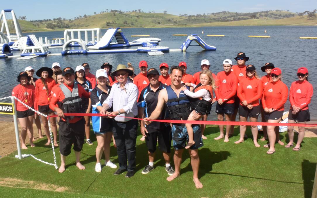 LET THE FUN BEGIN: Cutting the ribbon at the official opening of the new Bathurst Aqua Park on Friday.