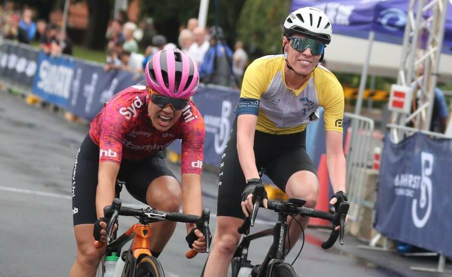 WINNER: Emily Watts (right) finished ahead of Gina Ricardo to win the 2021 Bathurst Cycling Classic women's road races in March. Photo: PHIL BLATCH