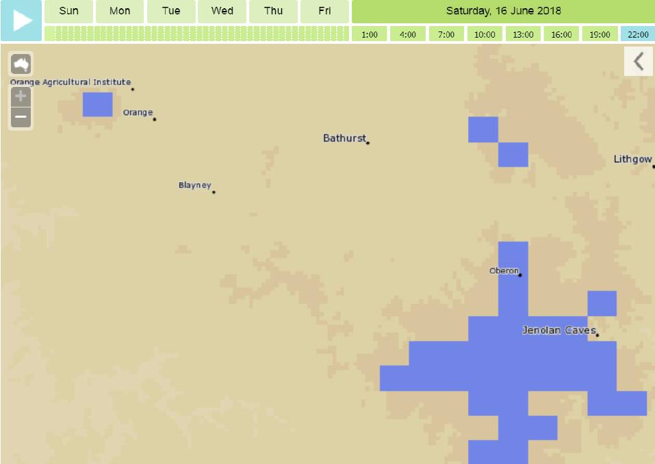 SNOW: The blue shaded areas show the forecast snow at 10pm next Saturday, June 17. Photo: MetEye, Bureau of Meteorology
