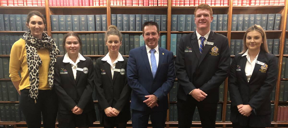 LEADERS: Bathurst MP Paul Toole welcomes teacher Sally Hennessy and school leaders Marina Kamilic, Lucy Butler, Brad Fearnley and Abbey Kemp to Parliament House. Photo: SUPPLIED
