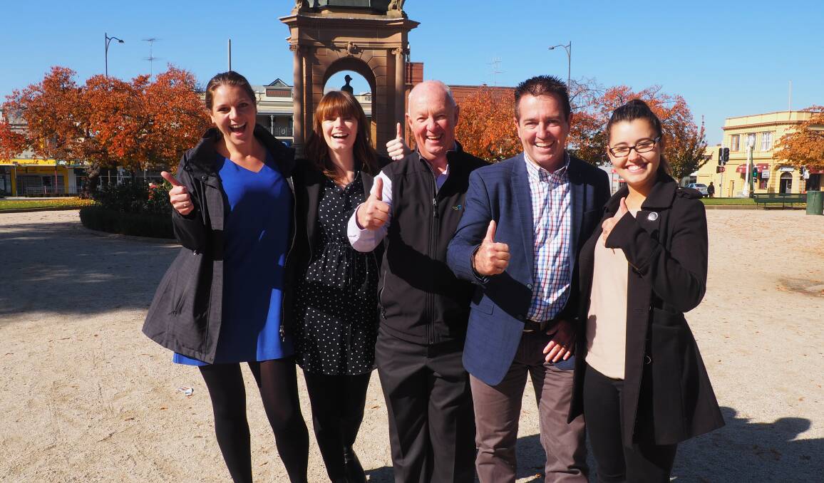 THUMBS UP: Mayor Graeme Hanger and Bathurst MP Paul Toole celebrate the funding with council’s events teams Hannah Welch, Bree McManus and Amanda Marks.