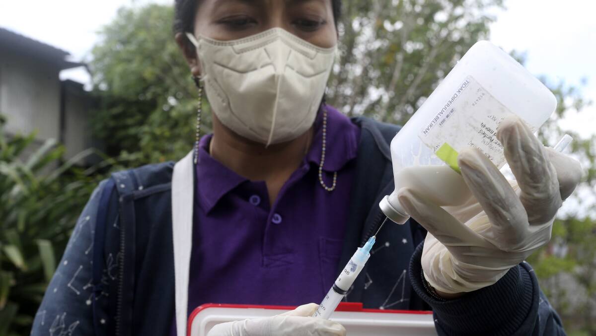 An Agriculture Ministry official prepares a shot to be given to livestock during a vaccination campaign in Indonesia. Photo: AP Photo/Firdia Lisnawati