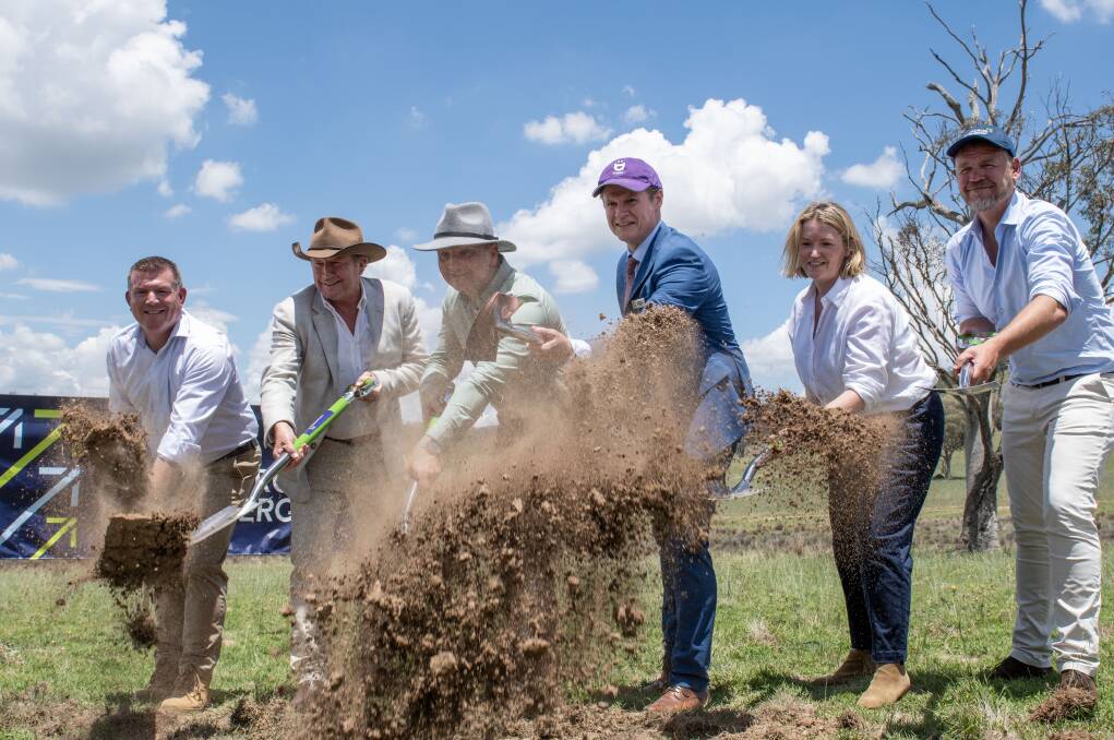 Dugald Saunders, Andrew Forrest, Chris Bowen, Mathew Dickerson, Nicola Forrest and Jason Willoughby break ground on the Uungala Wind Farm. Picture by Belinda Soole