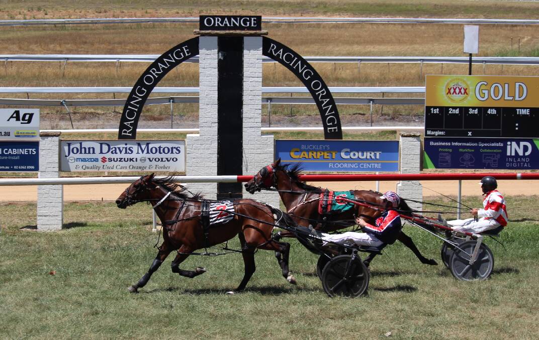 OVER THE LINE: Ichibi Newy, driven by Mat Rue, is first over the line ahead of Tiges Apprentice, driven and trained by Nathan Hurst. Photo: MAX STAINKAMPH