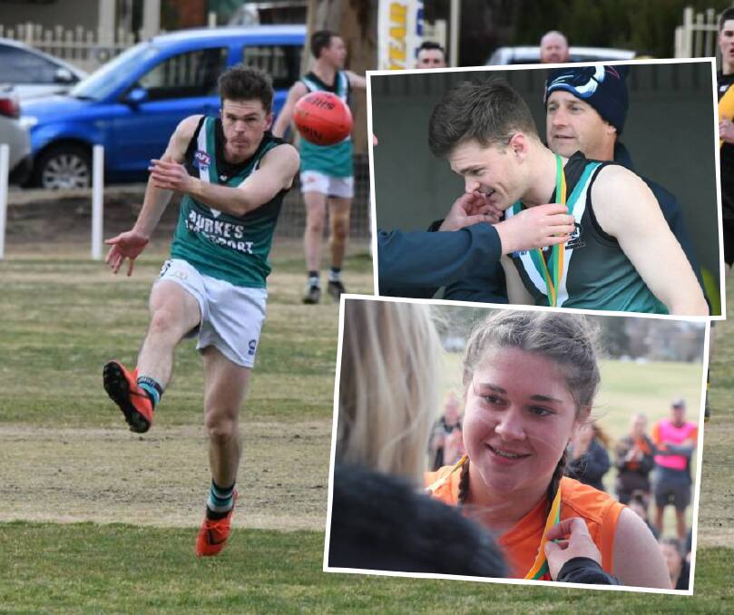 WINNERS: Bill Watterson on the field (main) while he and Giants' Matilda Flood receive their premiership medals on Saturday. Photos: CHRIS SEABROOK, PHIL BLATCH