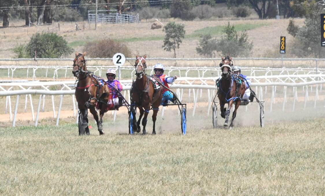 FACING OFF: Abitaofa Puzzle (right) just before losing pace with race leaders Atomic Bombshell and Whata Reactor with 150 metres to go. Photo: CARLA FREEDMAN. 