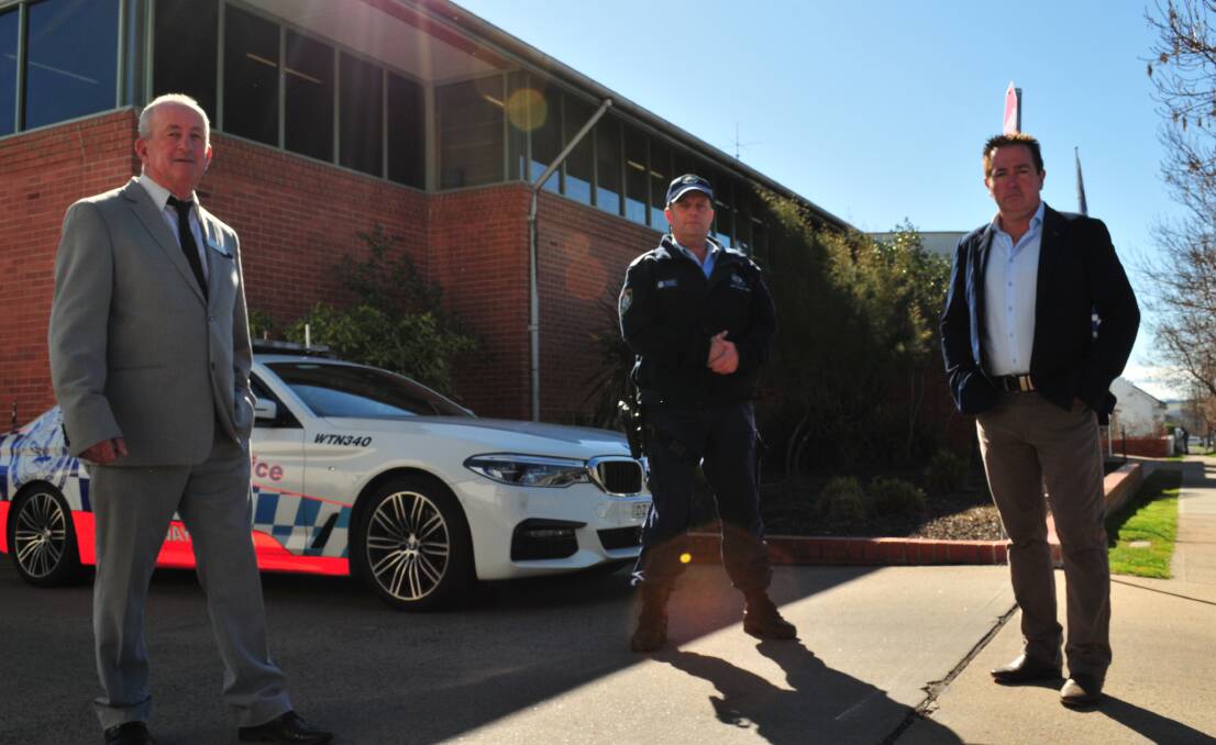 PLEASE DRIVE SAFELY: Mayor of Bathurst, Bobby Bourke, Sen Sgt Peter Foran, Traffic and Highway Patrol and Member for Bathurst, Paul Toole, pictured outside Bathurst Police Station.