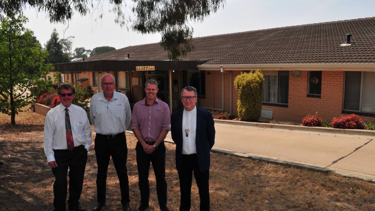 ACCOMMODATION: Father Paul Devitt, Gary Wright, Housing Plus, Justin Cantelo, Housing Plus, Acting CEO, and Catholic Bishop of Bathurst, the Most Reverend Michael McKenna, outside the former Opal Aged Care Facility.