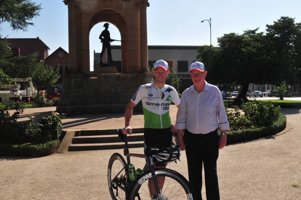 AMBASSADOR: Bathurst cycling product Mark Renshaw with Bathurst mayor Graeme Hanger in Kings Parade on Friday.