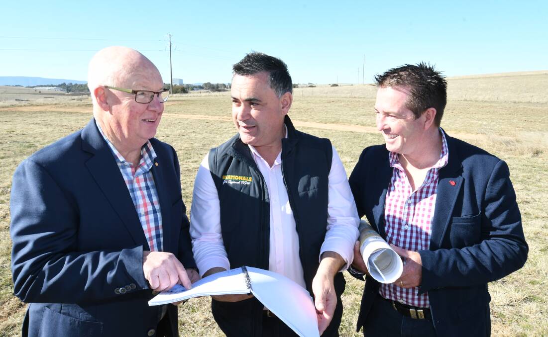FUNDING: Mayor, Graeme Hanger, with Deputy Premier, John Barilaro and Paul Toole, MP on site, at the Kelso Industrial Park.