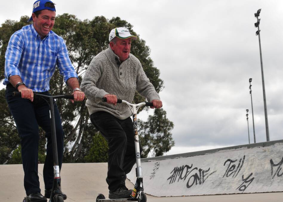 BEGINNERS: Paul Toole, MP, and Cr Bobby Bourke trying out the Bathurst Skate Park, which will undergo an expansion next year.