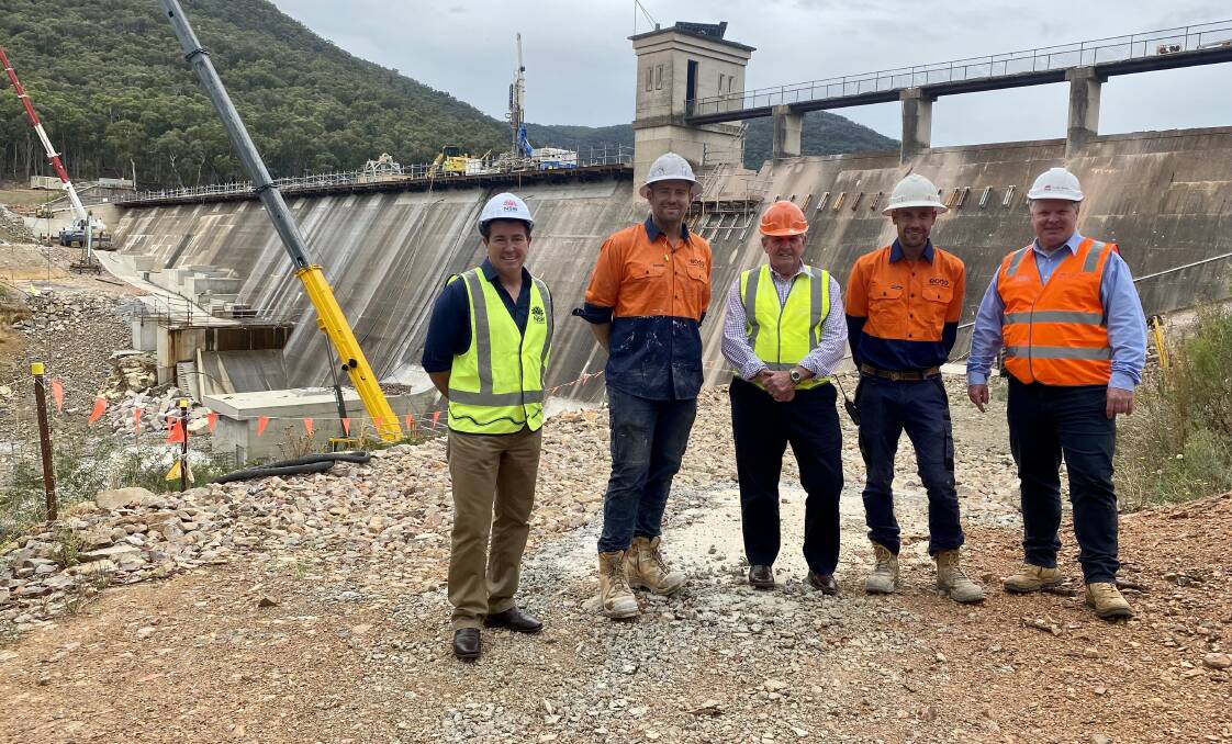 DAM UPDATE: Member for Bathurst Paul Toole (left) and mayor of Bathurst Robert Taylor (middle) with staff at the dam wall inspection. Photo: CONTRIBUTED