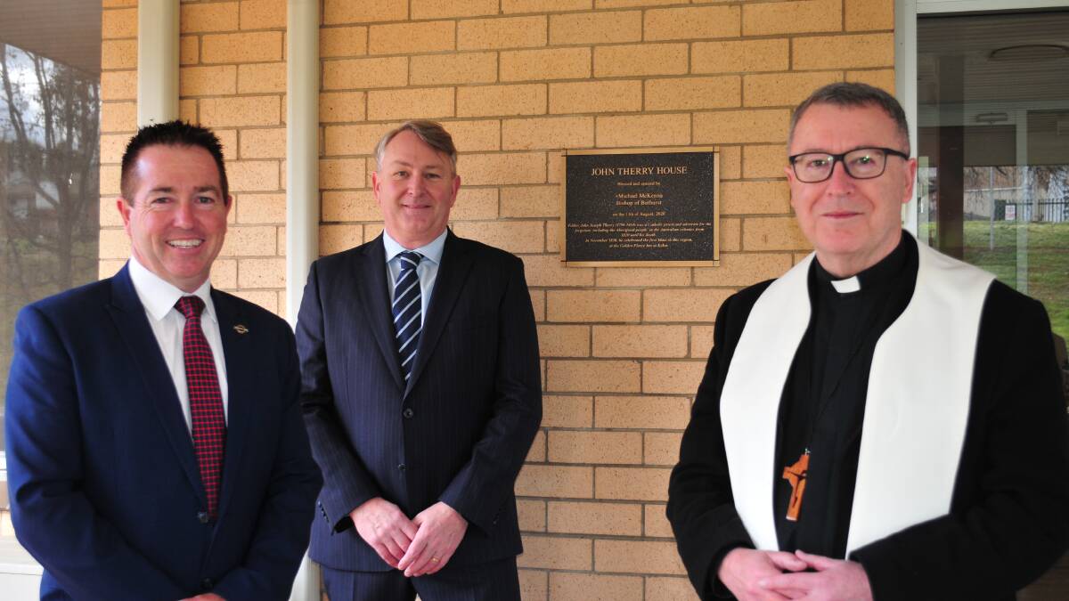NEW NAME: Paul Toole, MP with David Fisher CEO, Housing Plus, with the Bishop of Bathurst, the Most Reverend Michael McKenna.