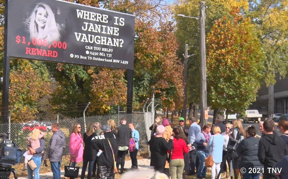 WHERE IS JANINE VAUGHAN: The crowd gathering at the reveal of Janine Vaughan's billboard on Saturday morning. Photo: Courtesy of TNV.