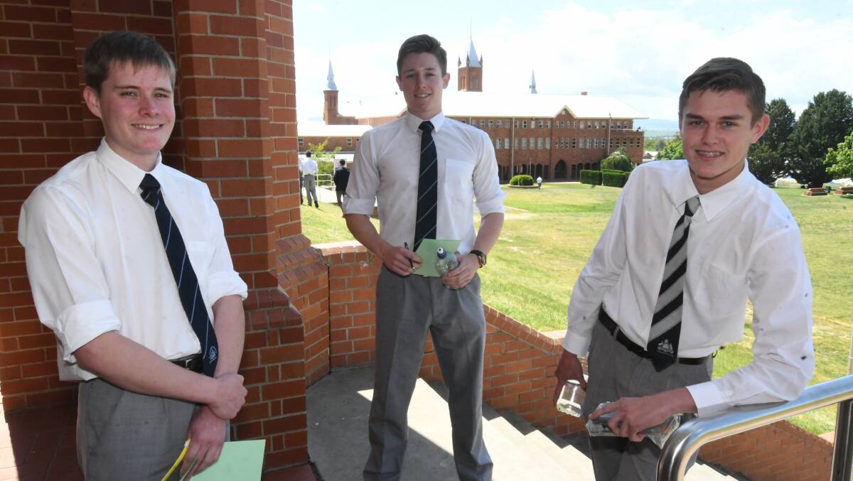 SECOND EXAM: Year 12 students at Stannies, from left Nick Keogh, Jack Lynch and Kennedy Brown, following the second English paper.