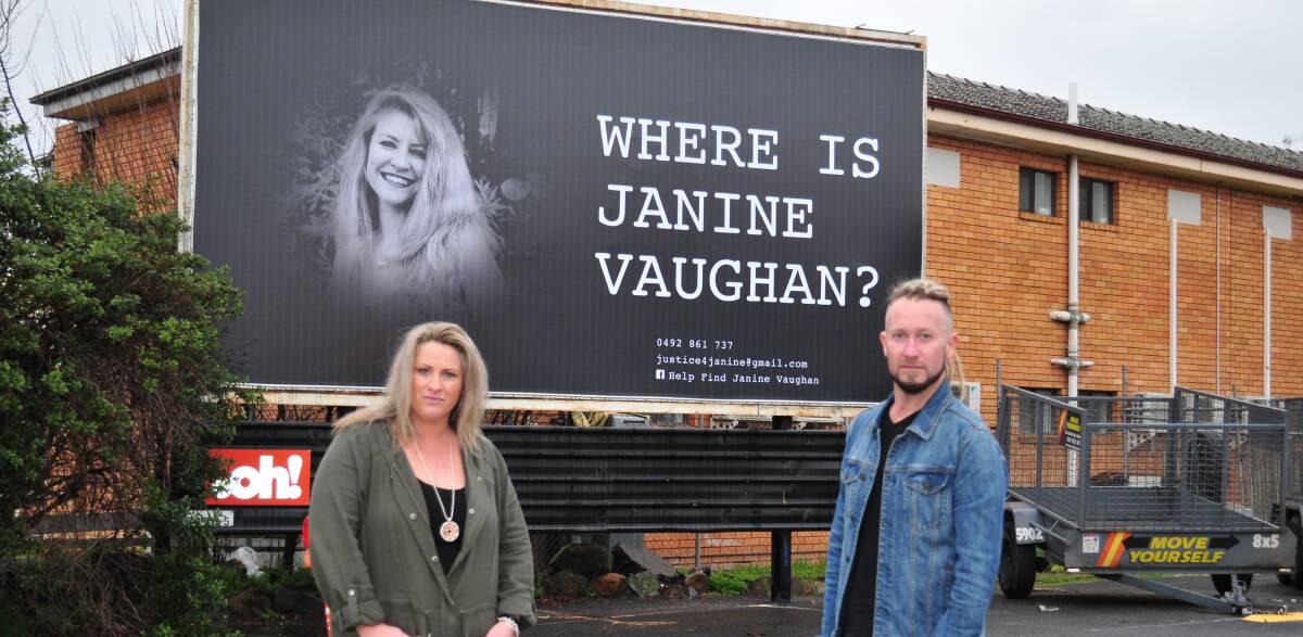 DO YOU KNOW?: Janine Vaughan's sister, Kylie Spelde and brother, Adam Vaughan, stand near the billboard they hired during August.