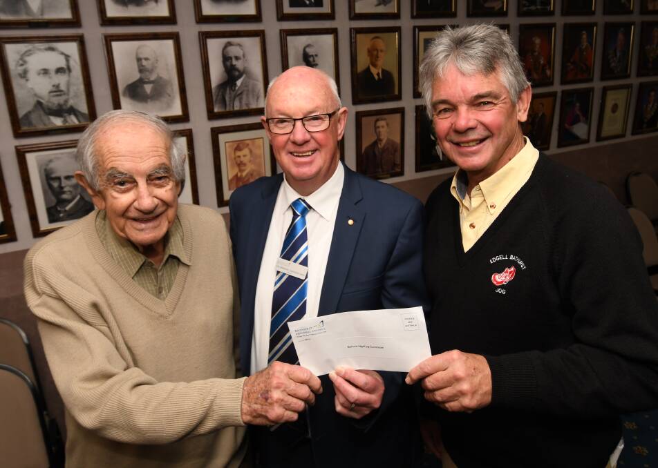 FAREWELL: The late Lou Shehade (left) with Bathurst councillor Graeme Hanger and Ray Stapley from the Edgell Jog committee in 2018.