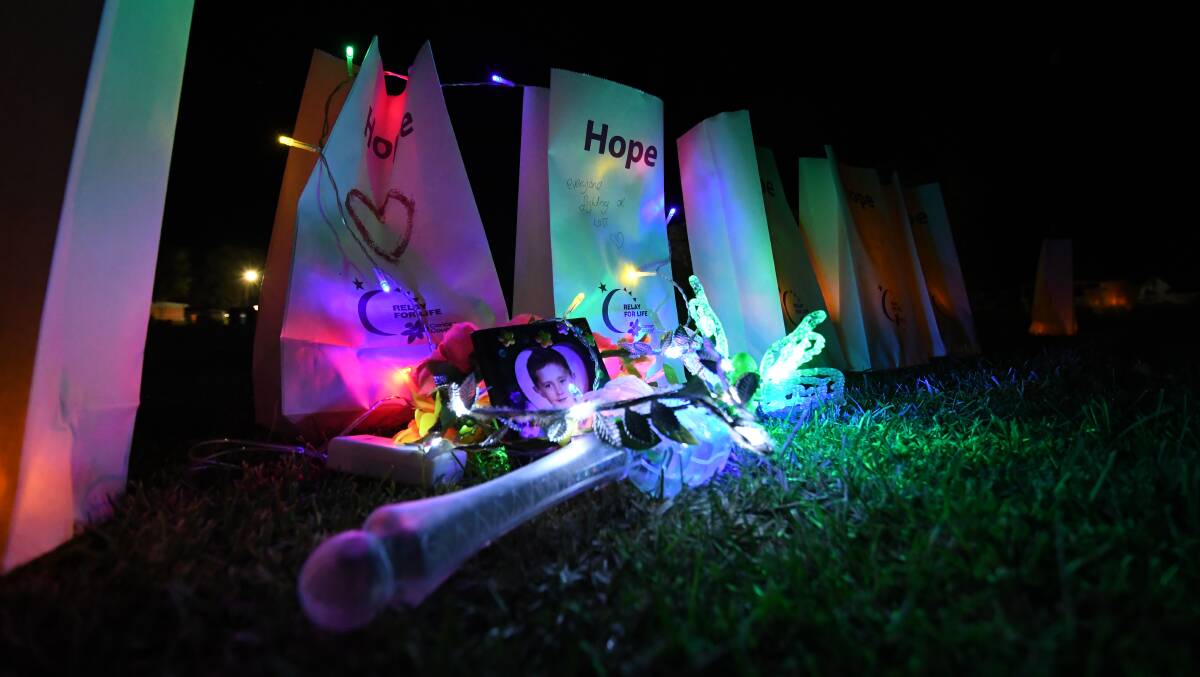 HOPE: Part of the circle of the Relay for Life that participants walked around, held at All Saints College, Saturday night.Photo: CHRIS SEABROOK 031018chope